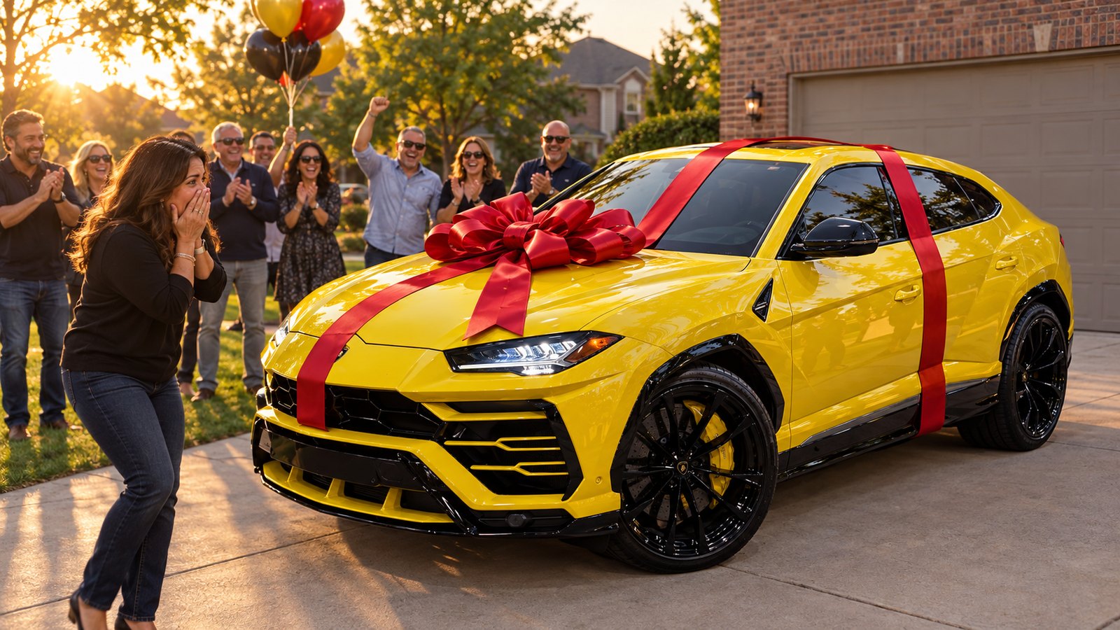 A surprise birthday reveal: a yellow Lamborghini Urus wrapped in a red bow in a suburban driveway